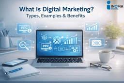 Featured image showing a modern digital marketing workspace with SEO, PPC, social media, and analytics visuals alongside the headline “What Is Digital Marketing? Types, Examples & Benefits”.