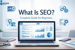 Featured image showing a modern digital marketing workspace with a laptop displaying SEO dashboards, keyword graphs, and analytics, with the headline “What Is SEO? Complete Guide for Beginners.”