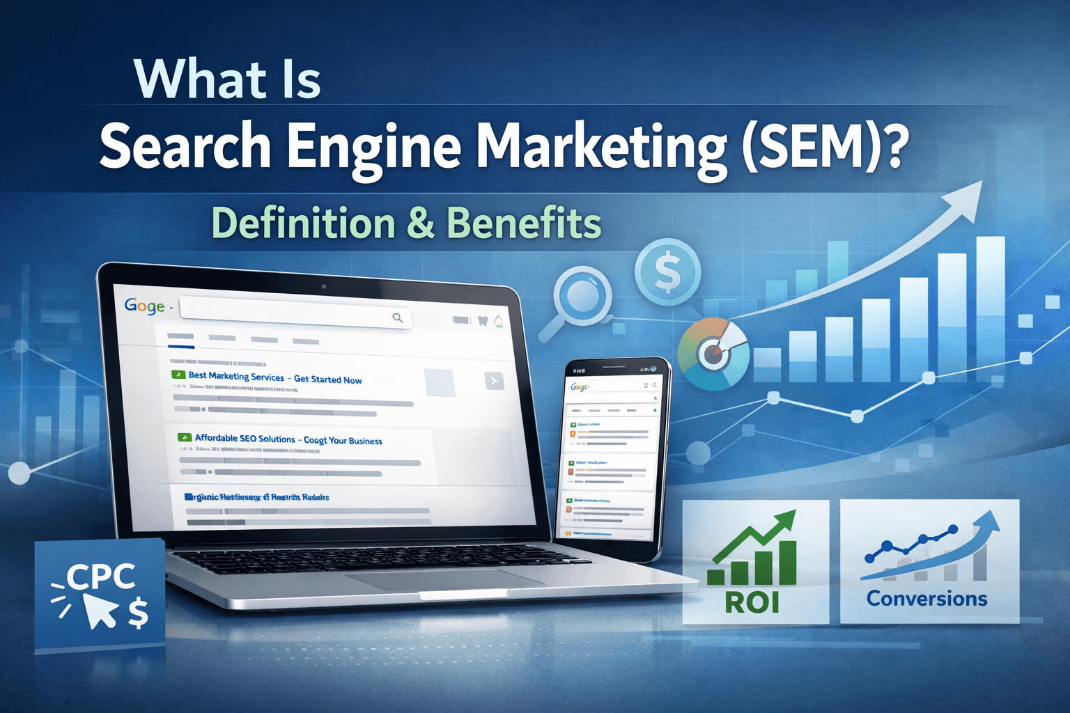 Featured image for What Is Search Engine Marketing (SEM)? Definition & Benefits, showing search engine results, ads, and digital marketing visuals.